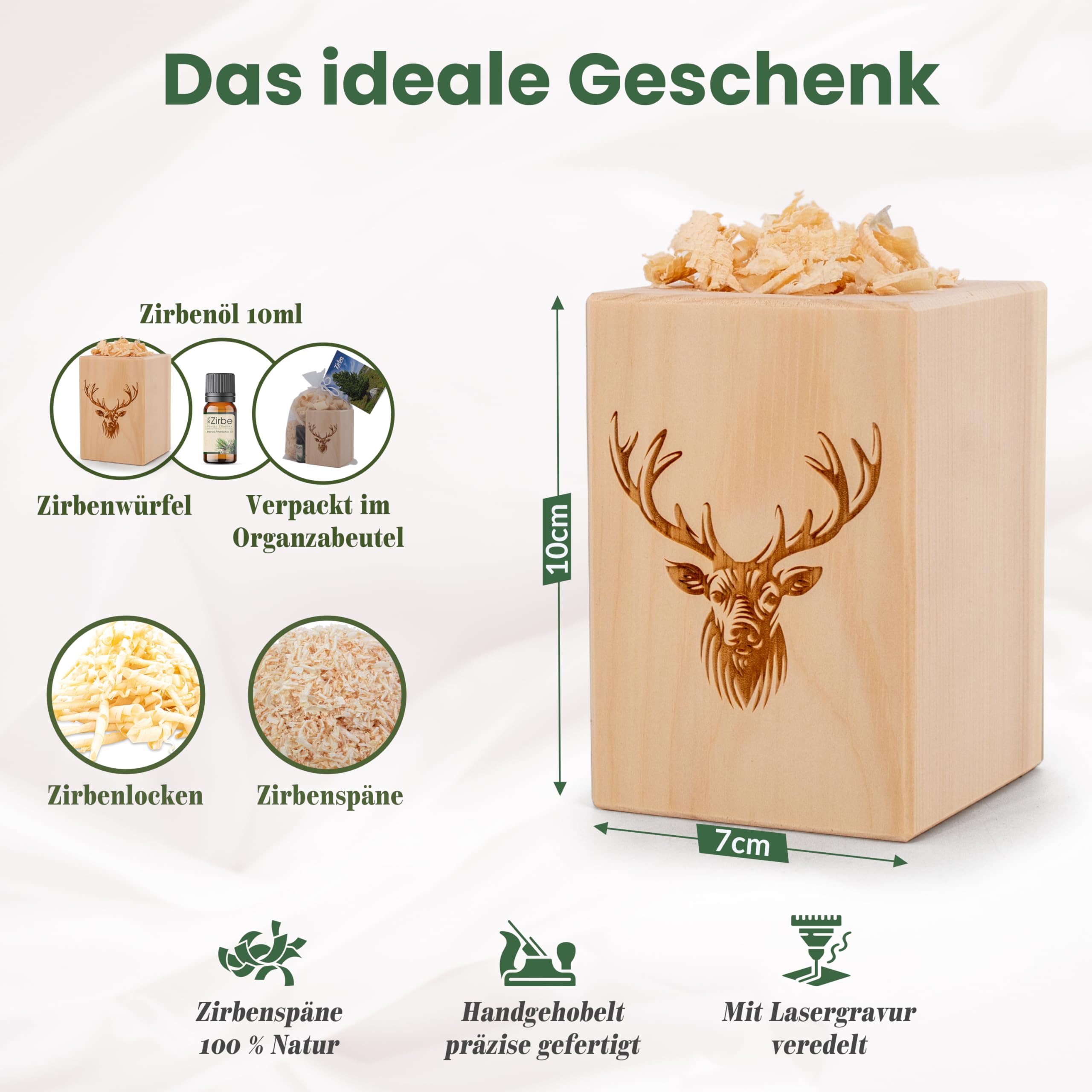 sagl.tirol® Zirbenholz Set mit Zirbenspäne und 10 ml Zirbenöl - Zirbelkiefer Öl – Zirbenduft und Deko aus Zirbelkiefer – Nachhaltige Zirbenholz Produkte, Zirbenwürfel, Raumduft Zirbe - Hirsch