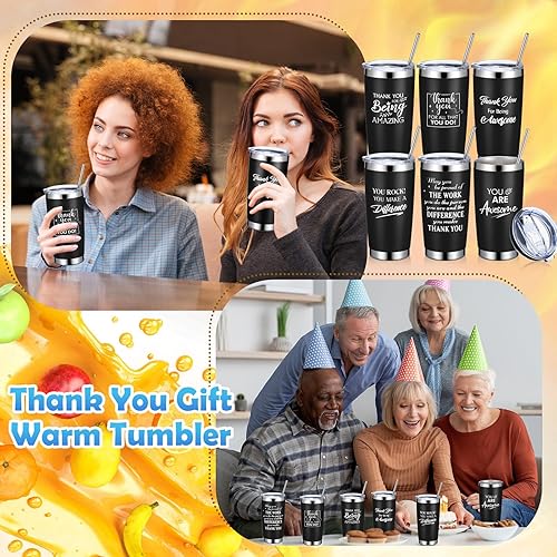 Miniatura 6 de Mifoci Juego de 6 vasos de viaje aislados de acero inoxidable de 20 onzas con tapa, cepillo para pajilla, regalos de agradecimiento para empleados,