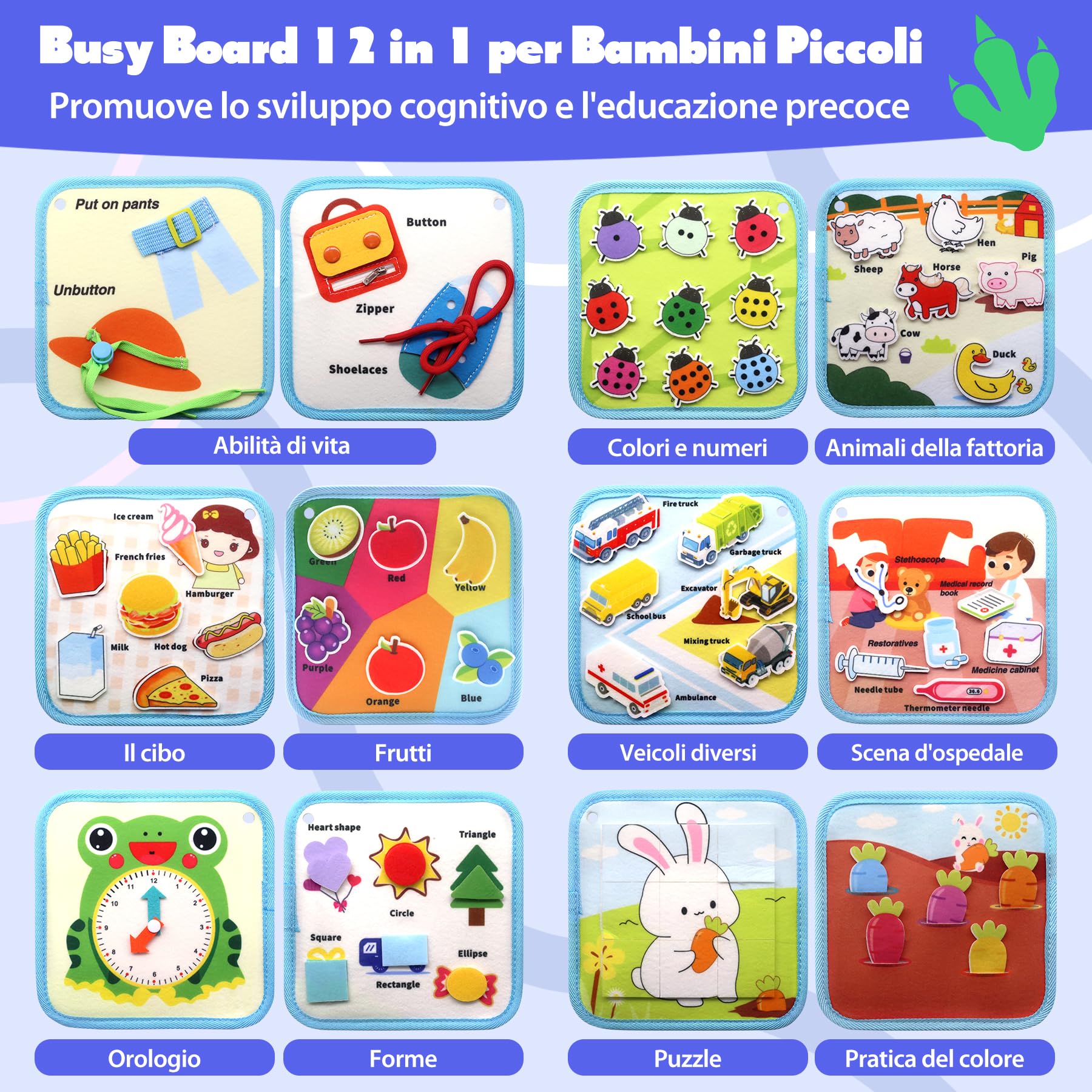Busy Board Montessori 1 2 3 Anni, 12 in 1 Giochi Bambini Educativi Tabellone Attivitài 1 Anno, Feltro Quiet Book, Pannello Sensoriale Montessori Giocattoli Regalo, Libro Montessori Interattivo