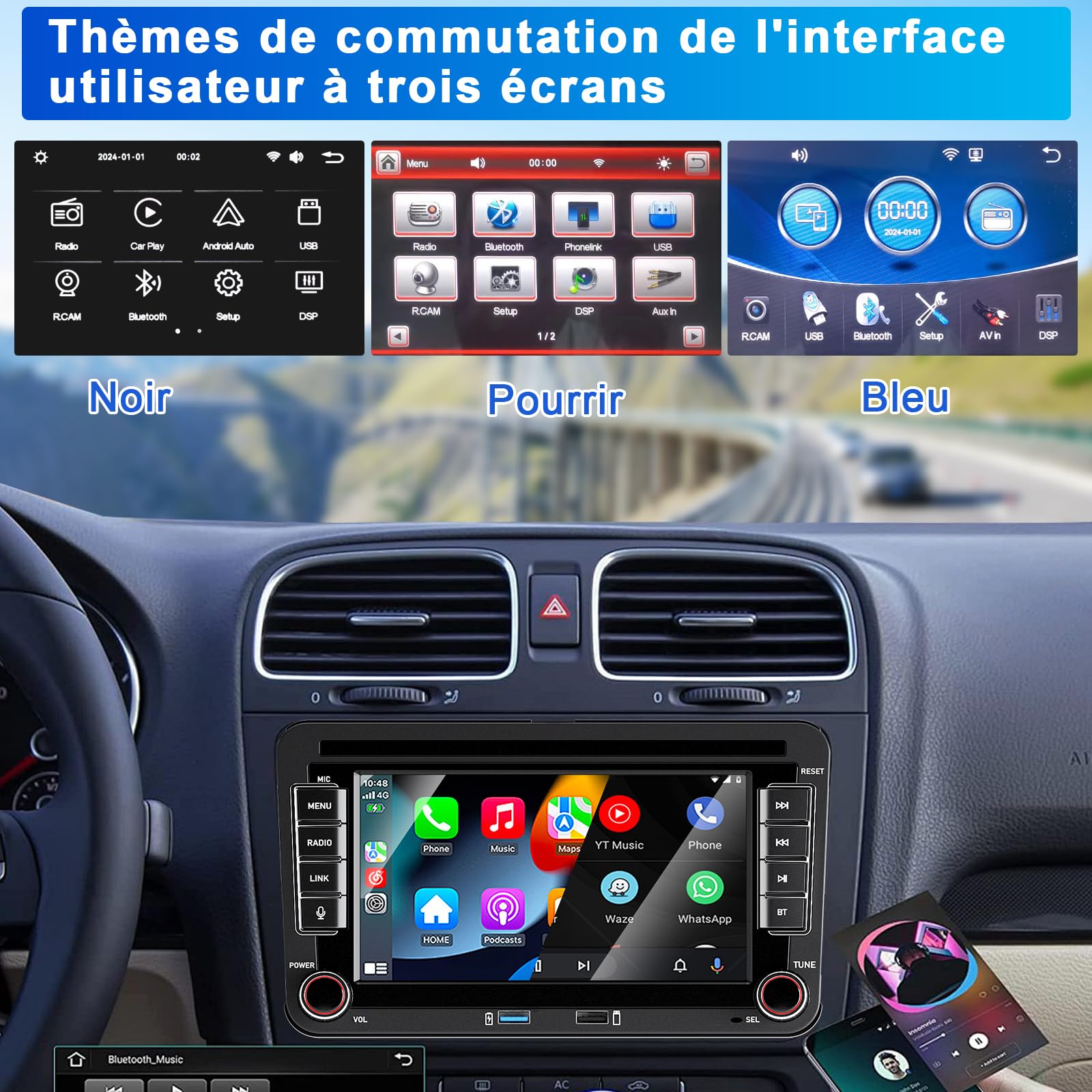 CarPlay Autoradio pour VW Golf 5 6 Passat Jetta Caddy Polo CC Tiguan EOS Touran T5 Skoda, 7 Pouces sans Fil Carplay & Android Auto, Puissance élevée/Bluetooth/FM/AM Radio/USB/DSP/RDS/SWC