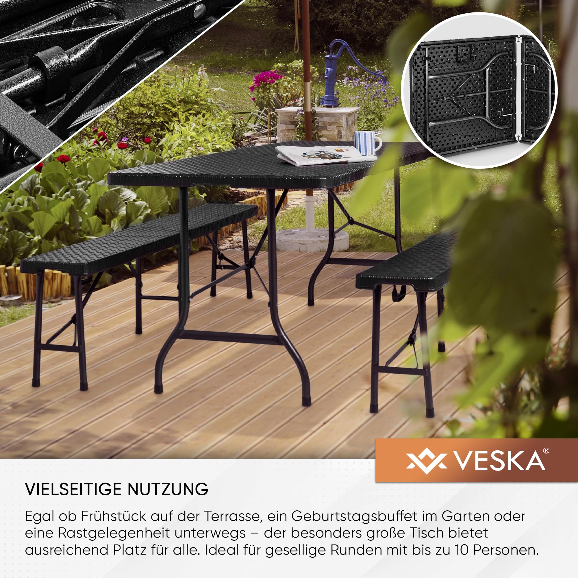 VESKA® Bierzeltgarnitur 3-teilig Set Tisch + 2x Bank, wetterfest für drinnen und draußen, klappbar mit Tragegriffen, Kunststoff, Gartengarnitur, Klapptisch, Gartentisch 180 cm Rattan-Optik (anthrazit)