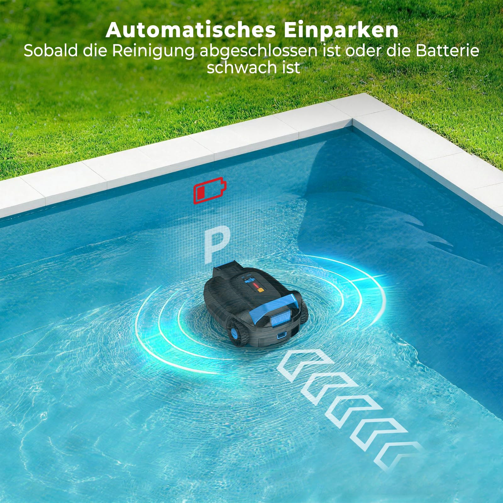(2026 Neu) PC01 Poolroboter, Akku Poolsauger Bodensauger, Kabelloser Poolroboter Boden, 120 Minuten Laufzeit, 6057 LPH, Selbsteinparkfunktion, Poolreiniger für Flache Pools bis zu 80㎡