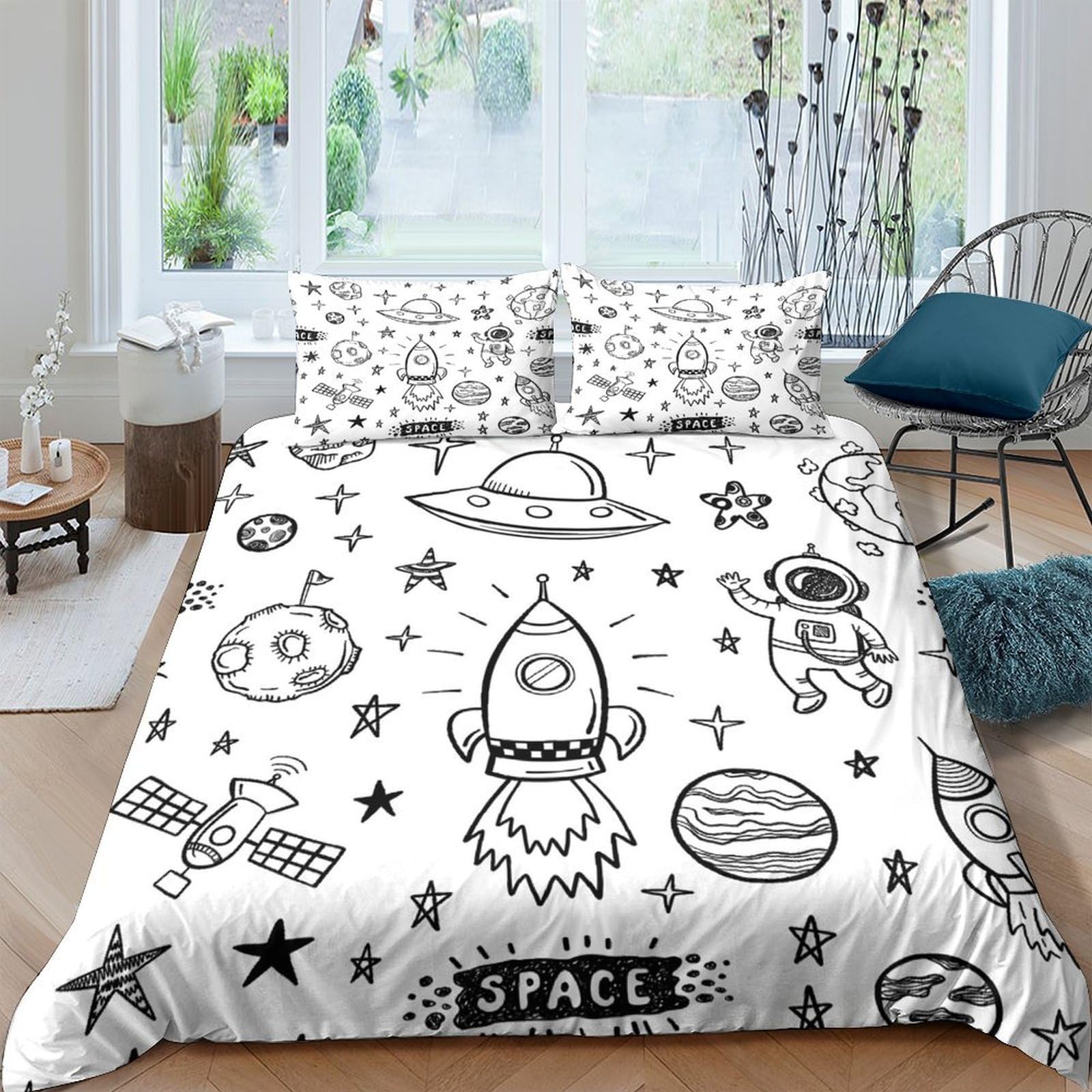 GPLZQXKJNH 3D Printed Space Rocket Duvet Cover Set Microfiber Soft Cartoon Astronaut Quilt Cover with 2 Pillowcases for Bedroom Decor Single（135x200cm）