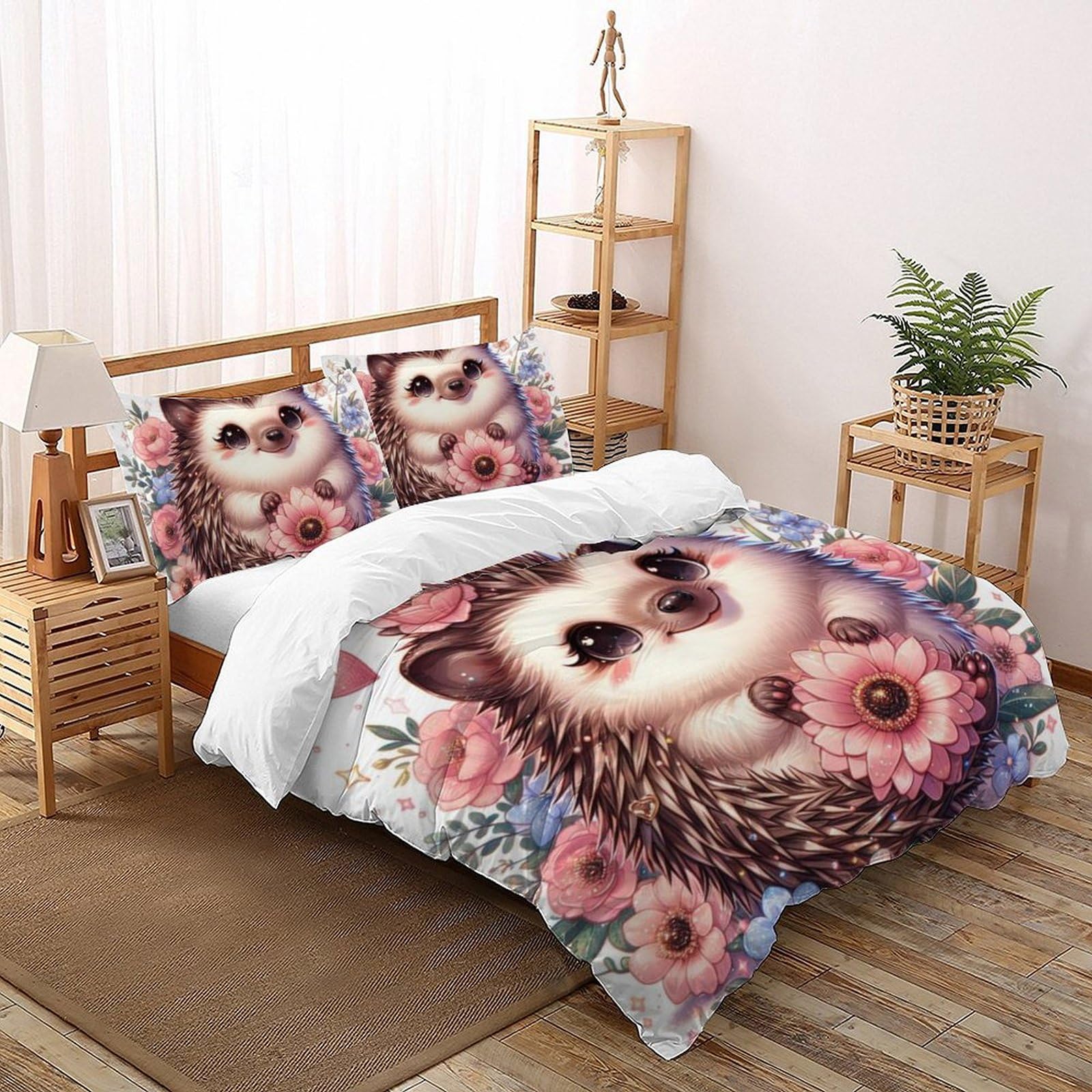 Housse de couette 220x240 hérisson rose microfibre premium motif animal 3D avec fermeture éclair
