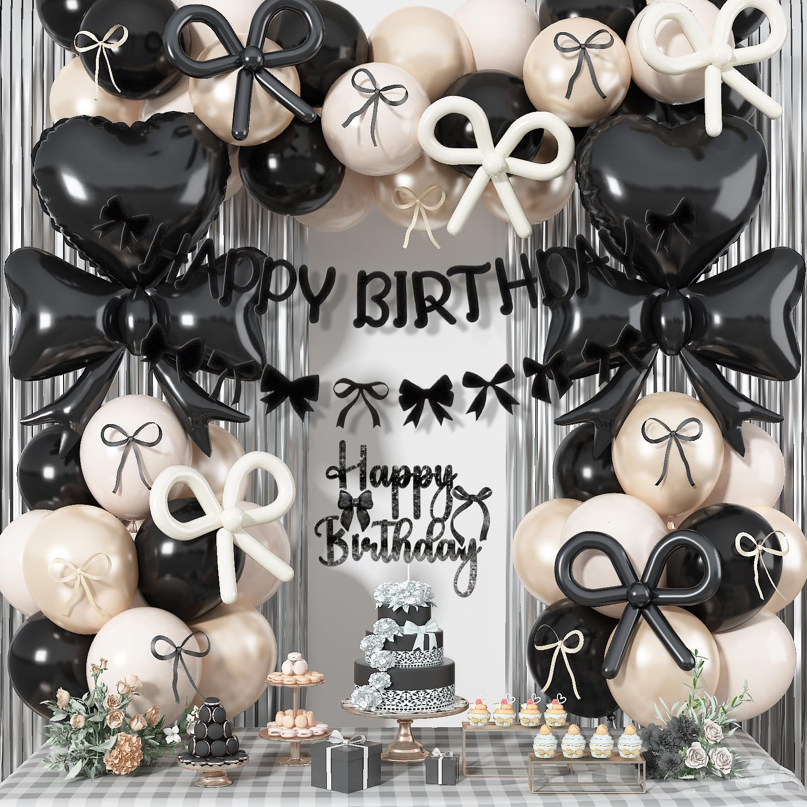 Black Bow Birthday Party Decorations, Coquette Bow Black Sand White Beige Balloons with Bows Decor Happy Birthday Banner Fringe Curtain for Women Girls Bows Theme Bachelorette Baby Shower Party
