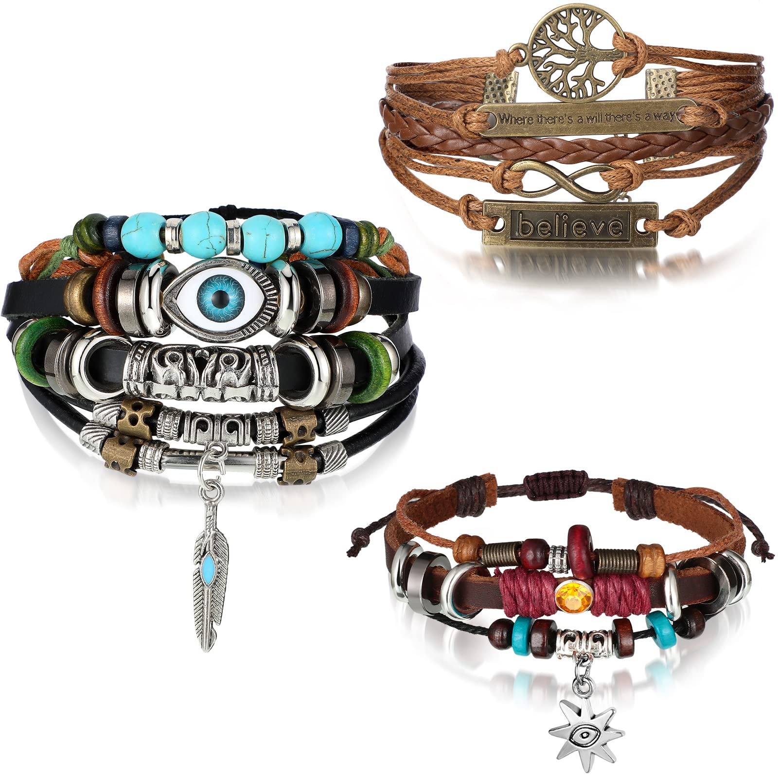 Hicarer3 Pieces Womens Boho Beaded Bracelets Vintage Bohemia Beaded Bracelet Evil Eye Vintage Handmade PU Leather Bracelet Multilayer Hand Woven Wristbands Bracelet Jewelry for Men and Women