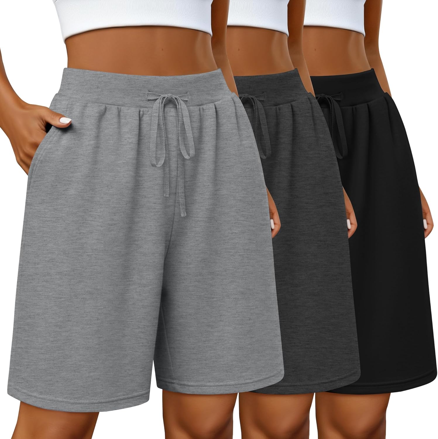 Neer 3 Pack Women's Bermuda Shorts Drawstring Elastic High Waisted Athletic Long Sweat Shorts Knee Length with Pockets