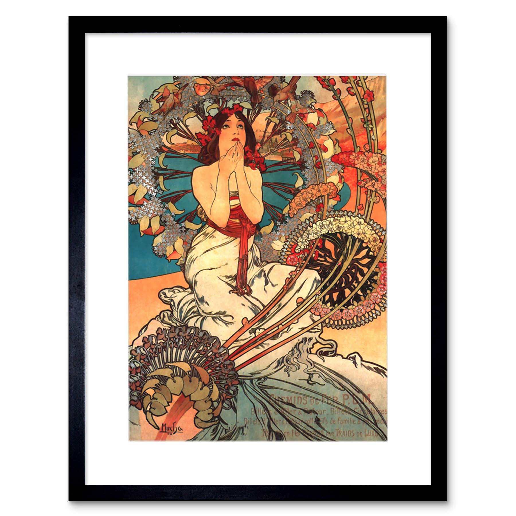 Wee Blue Coo Mucha Art Nouveau Woman Floral Artwork Framed Wall Art Print 12X16 Inch