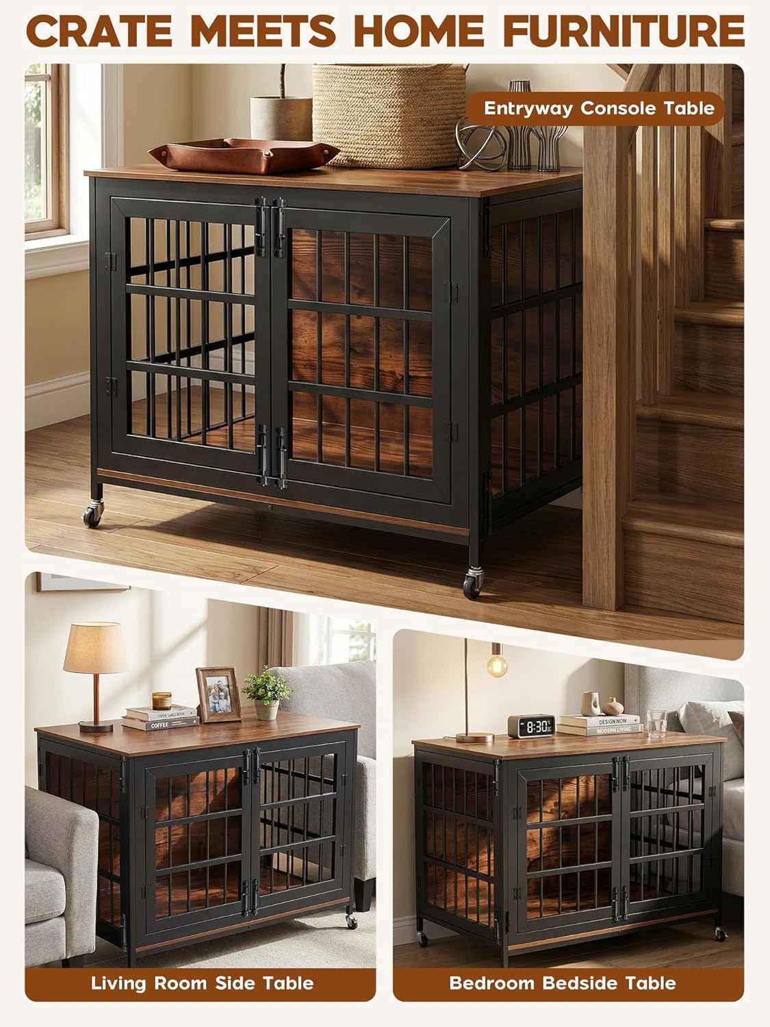 41" Dog Crate Furniture with Lockable Wheels & Adjustable Feet, Heavy Duty Anti-Escape Dog Kennel Indoor for Small Medium Dogs, Three-Door Wooden Kennel Furniture as End Side Bedside Table