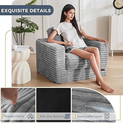 Miniatura 48 de MAXYOYO Puf gigante para adultos, sofá tapizado de suelo con almohadas y reposabrazos, puf grande de felpa, sofá para dormitorio, sala de estar,