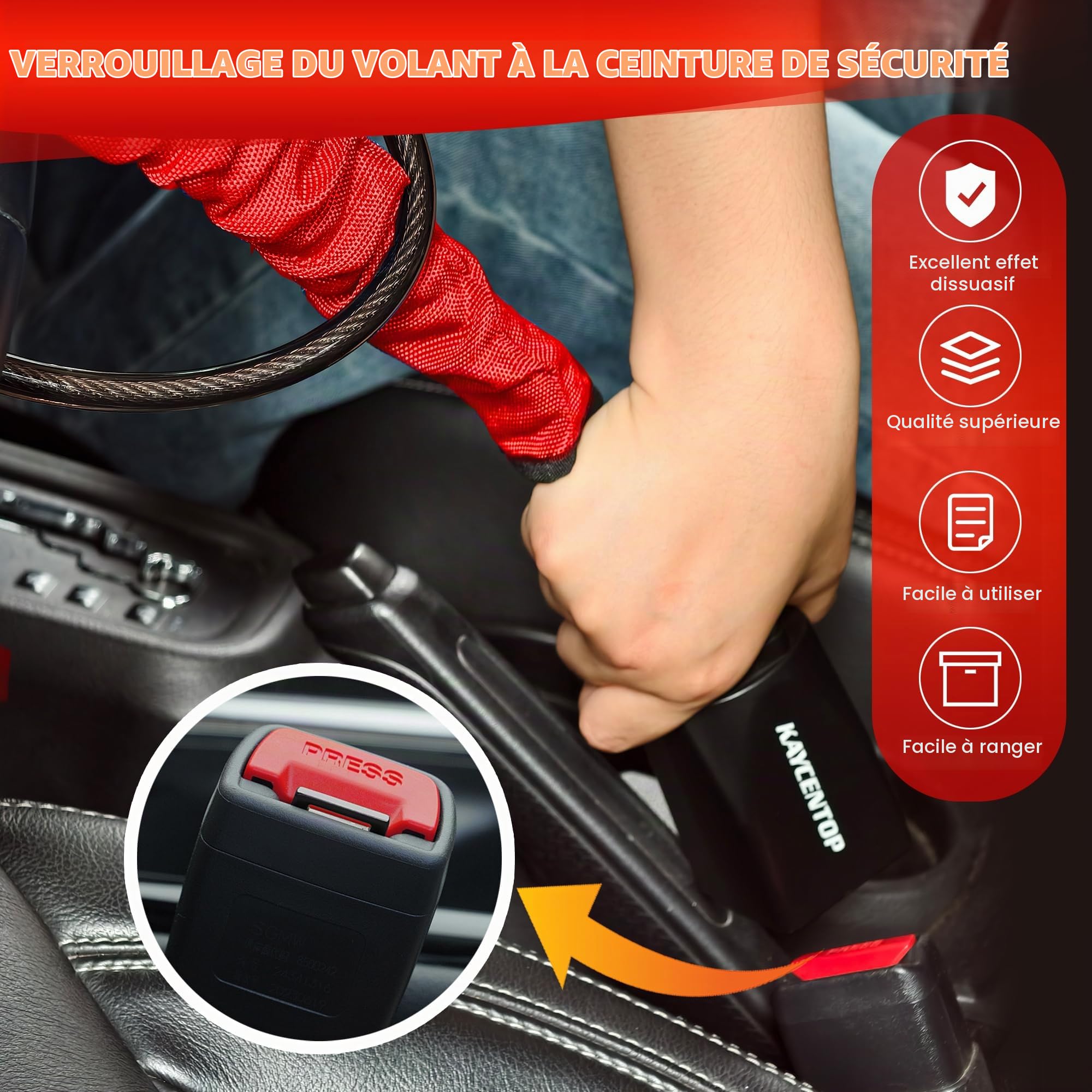 KAYCENTOP Verrou de volant de voiture - Dispositif antivol - Longueur maximale : 43,2 cm - Petit et léger - Multifonctionnel - S'adapte à la plupart des véhicules, SUV, voiturettes de golf - Rouge