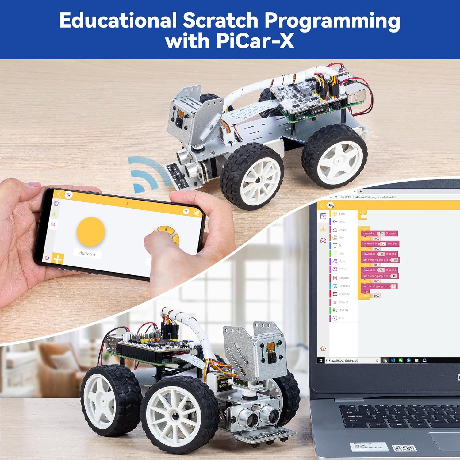 SunFounder Picar-X AI Robot inteligentny zestaw samochodowy do Raspberry Pi 5/4/3B+/Zero 2w, Openclaw LLMs ChatGPT/Gemini/Grok, rozpoznawanie głosu i wideo, Python, zarysowania, aparat (RPI nie jest