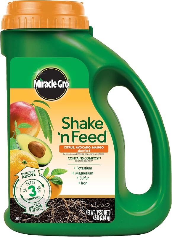 Miracle-Gro Shake 'N Feed Citrus, Aguacate, Mango Plant Food - Fertilizante para plantas en macetas y en el suelo, cítricos, aguacate y árboles de mango, 4.5 lbs. | Para plantas en macetas y enterradas, árboles de cítricos, aguacates y mangos