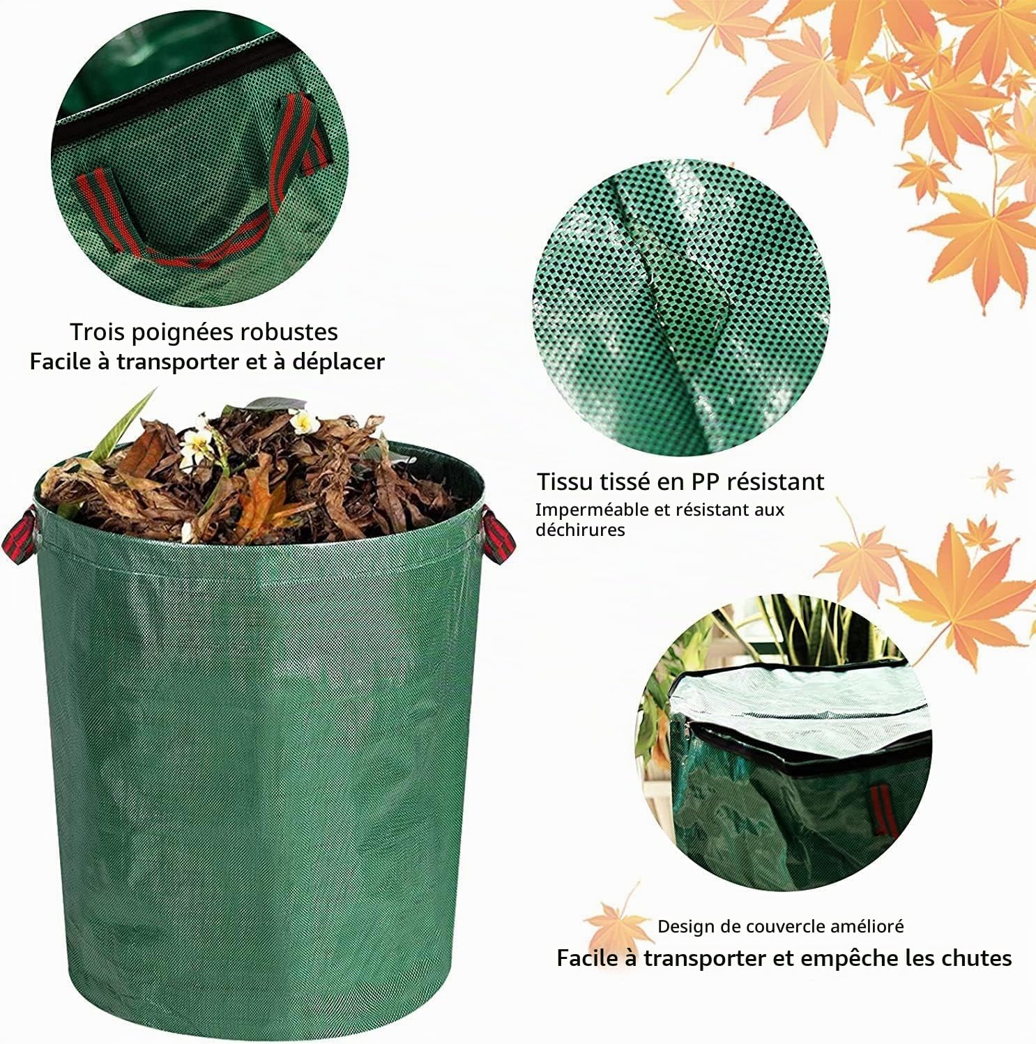 Sac à déchets de jardin – Sac de jardin avec couvercle – 272 L – Sac à déchets de jardin pliable autoportant avec 4 poignées, fermeture éclair étanche pour déchets de jardin, feuilles, pelouse