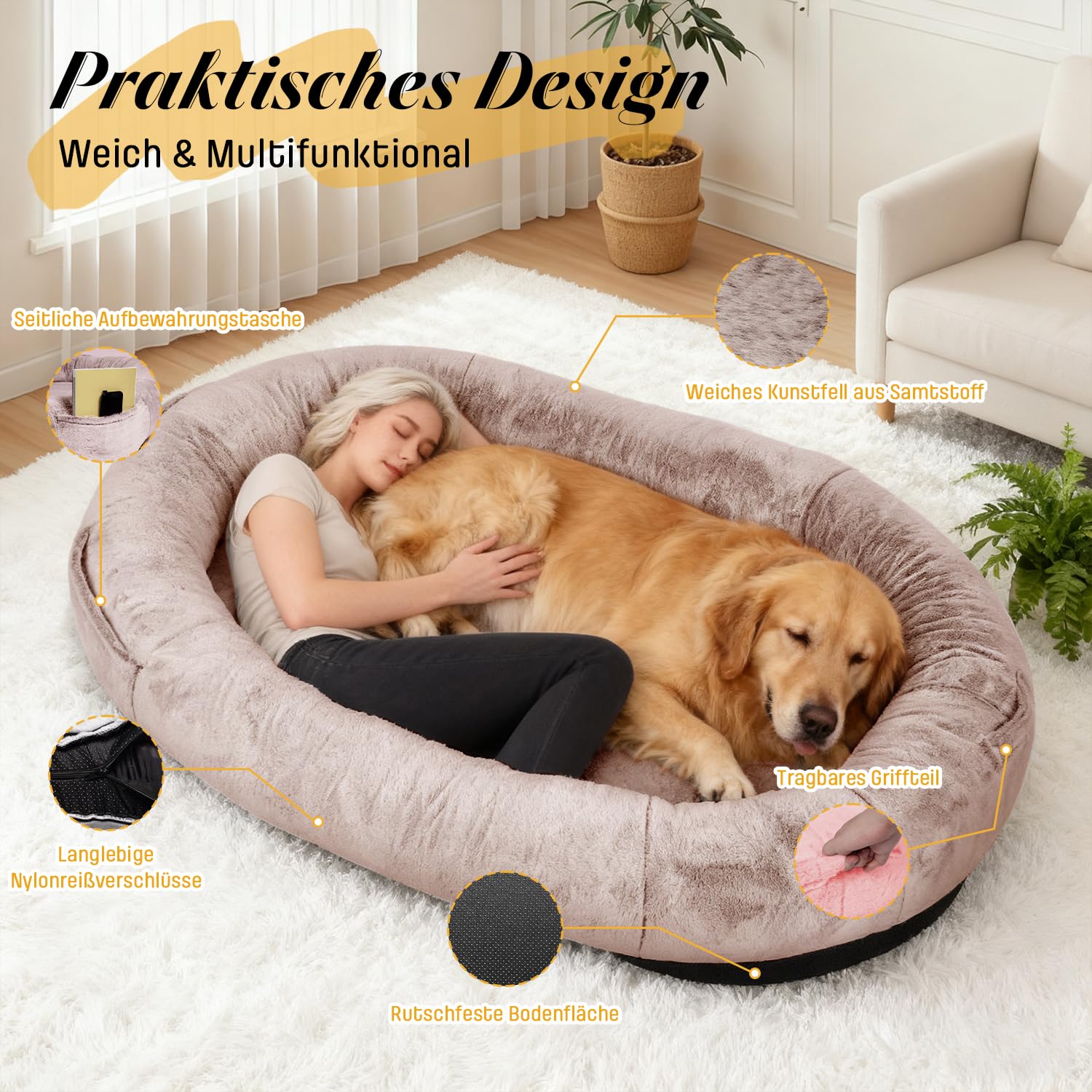 FURRYFECTION 180x114x35,6cm Menschlich Waschbar Kamel Hundebett | Geeignet für Erwachsene und Haustiere Kunstfellbezug mit Decke und Kissen komfortables Nickerchenbett