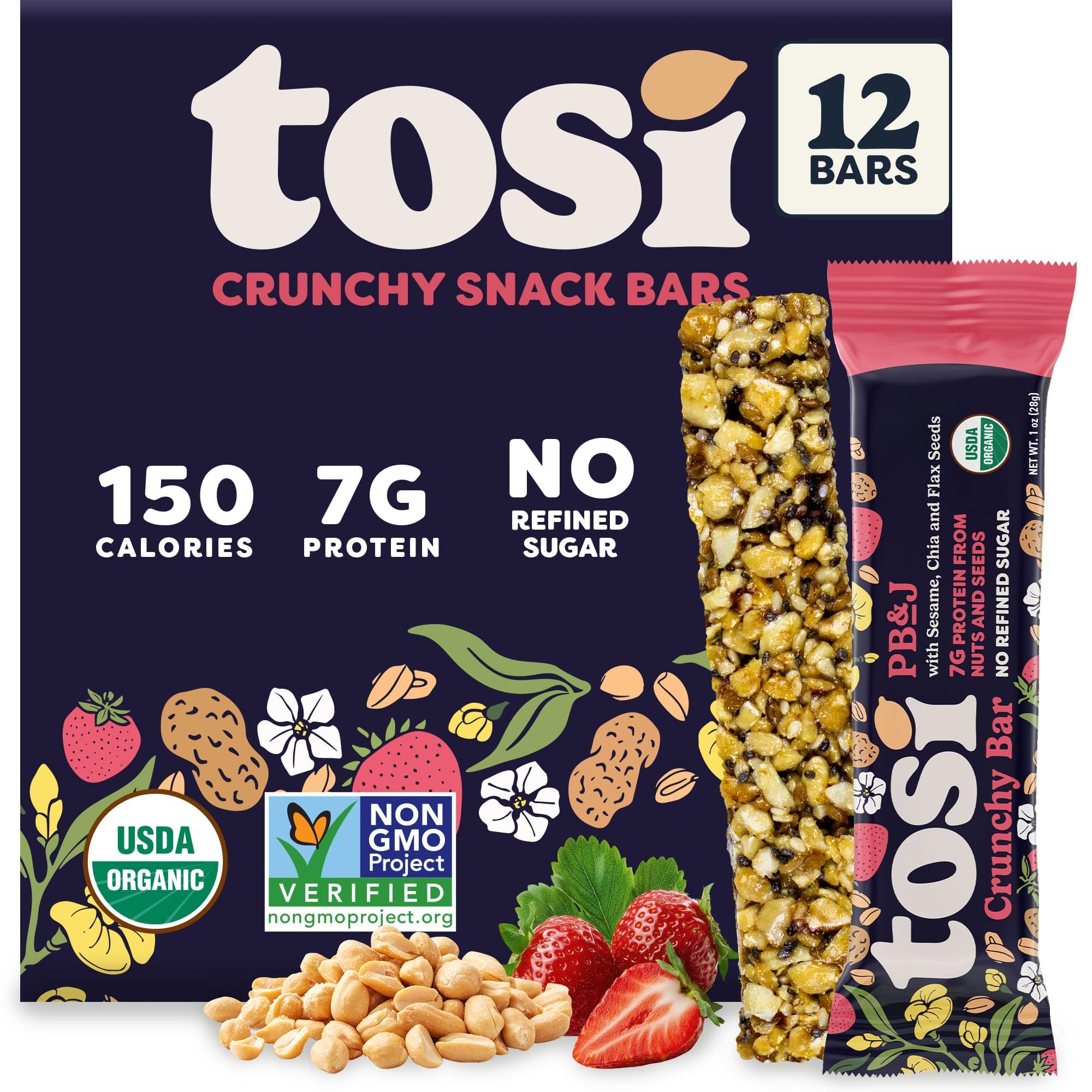 Tosi Nut Bars, PB&J, Healthy Snacks for Adults & Kids, Plant Based Crunchy Bars (7G Protein), Organic Keto Snacks, Vegan, Gluten & Soy Free, Low Sugar