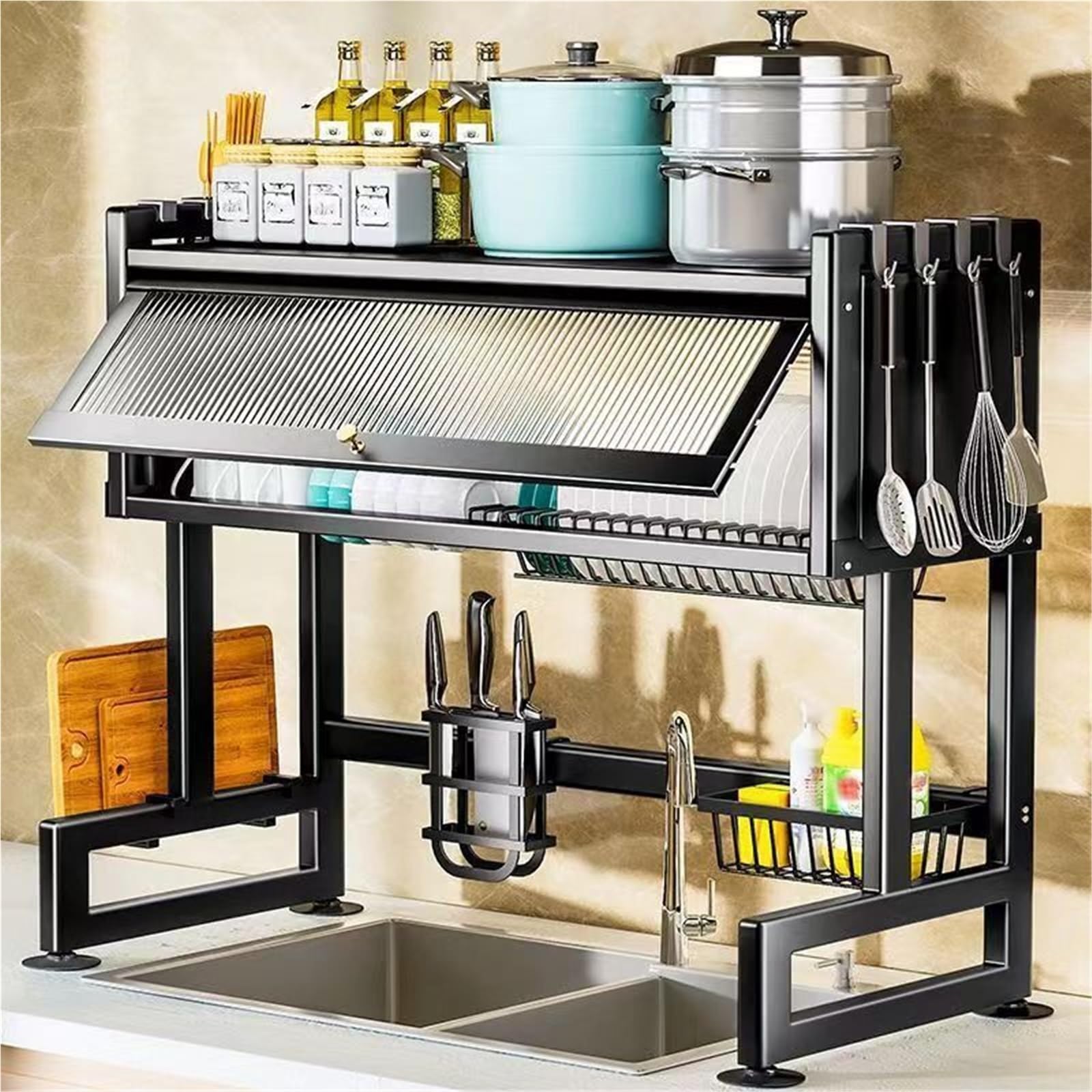 Home Furnishing Over The Sink Dish Drainer Drying Rack 3 Tier Over Sink Dish Rack for a Tidy Kitchen Sink Shelf Organized with Cover Metal Dish Drying