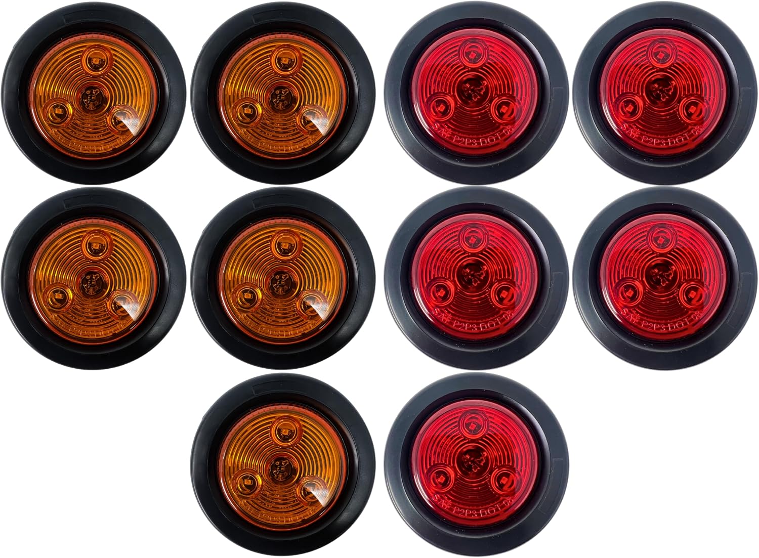 [5x Amber + 5x Red] 2" Round Trailer 3 LED Clearance Side Marker Lights [DOT FMVSS 108] [SAE P2] [Reflector Lens] [Grommet+Plug] [Flush-Mount] [Waterproof IP67] Marker Clearance Lights Trailer Truck