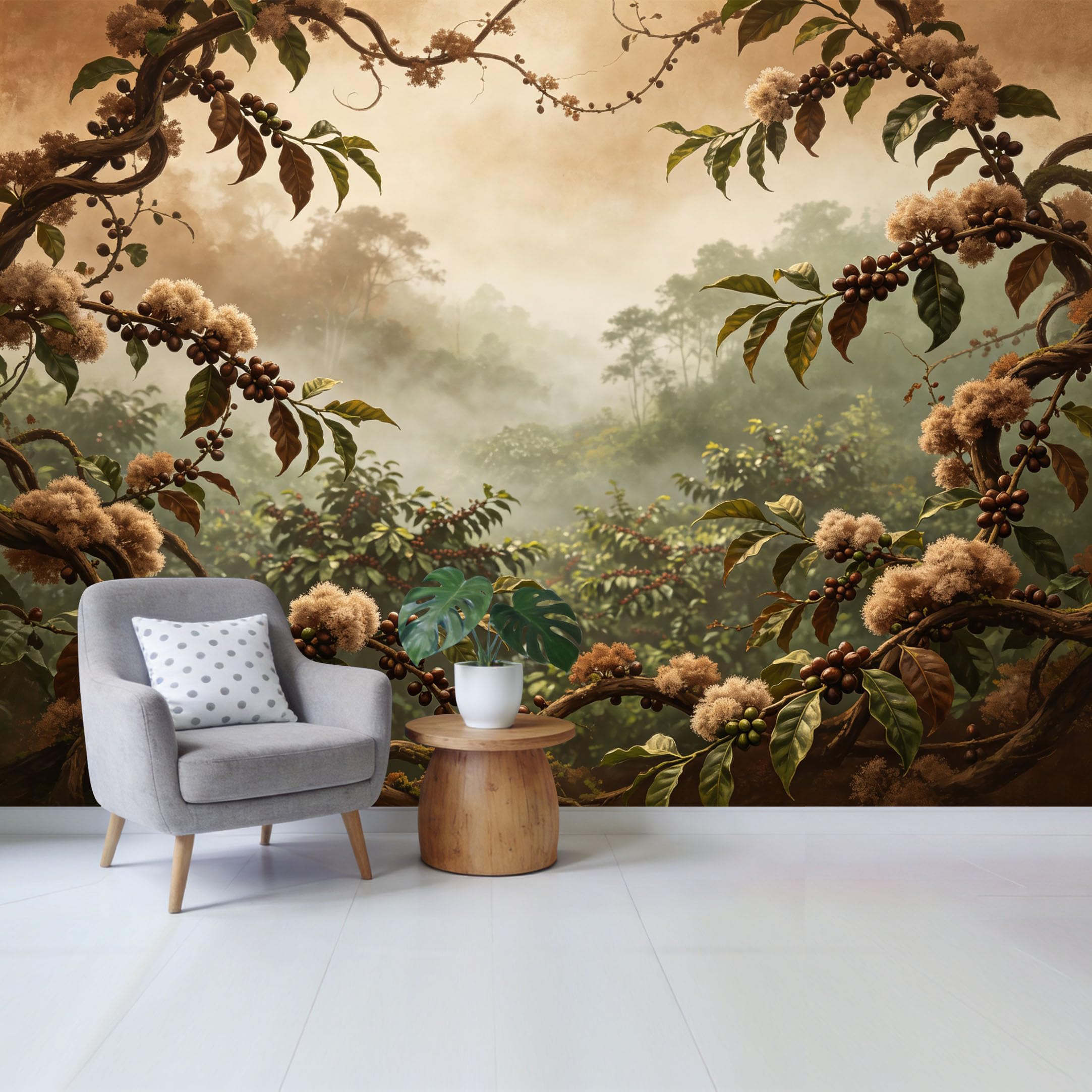 Qzlithotic Yq2605250745 Custom Size Wall Mural Coffee Plantation Landscape Botanical Misty Forest Oil Painting Style Selfadhesive Wall Fabric Removable Wallpaper For Home Office Decor