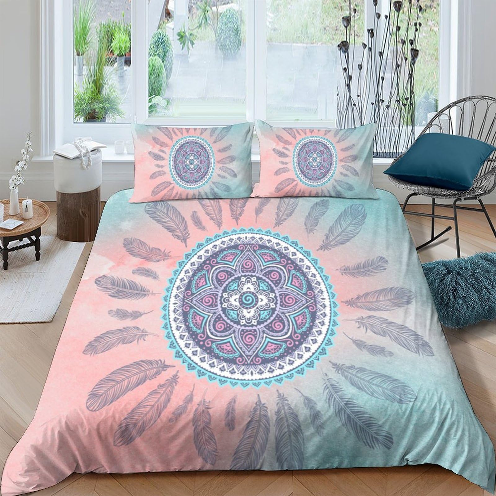 Ctjqhvkz Style-6 3D Printed Mandala Pastel Fitted Sheet Microfiber Soft Blue Pink Boho Sunburst Mattress Cover Bedroom Decor Single（135X200cm）