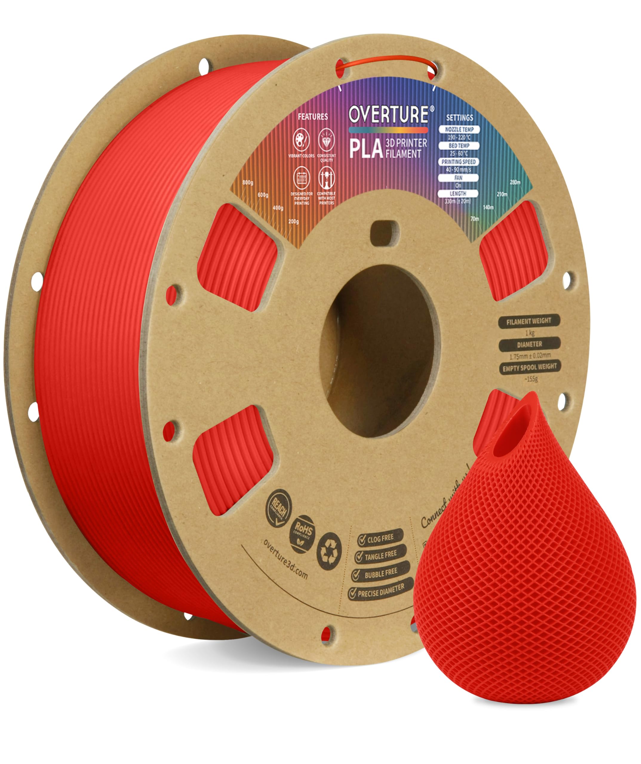 OVERTURE PLA Filamenti 1.75mm per Stampanti 3D, 1kg Bobina (2.2lbs), Precisione Dimensionale +/- 0.02mm, Fit Most FDM Stampante (Rosso)