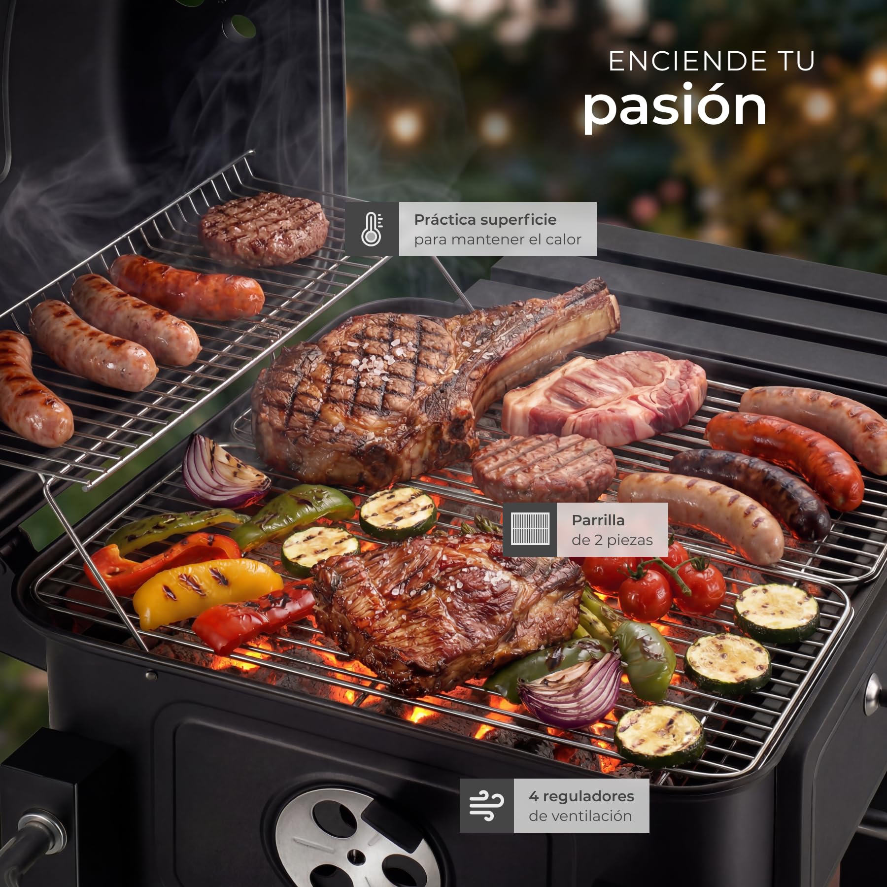 tectake® Barbacoa de Carbon con Tapa, Parrilla Barbacoa Carbon, BBQ Grill, Bandeja Regulable, Termómetro y Ruedas, con Ahumador de Alimentos, Asador de Carne - 64 x 110 x 104 cm