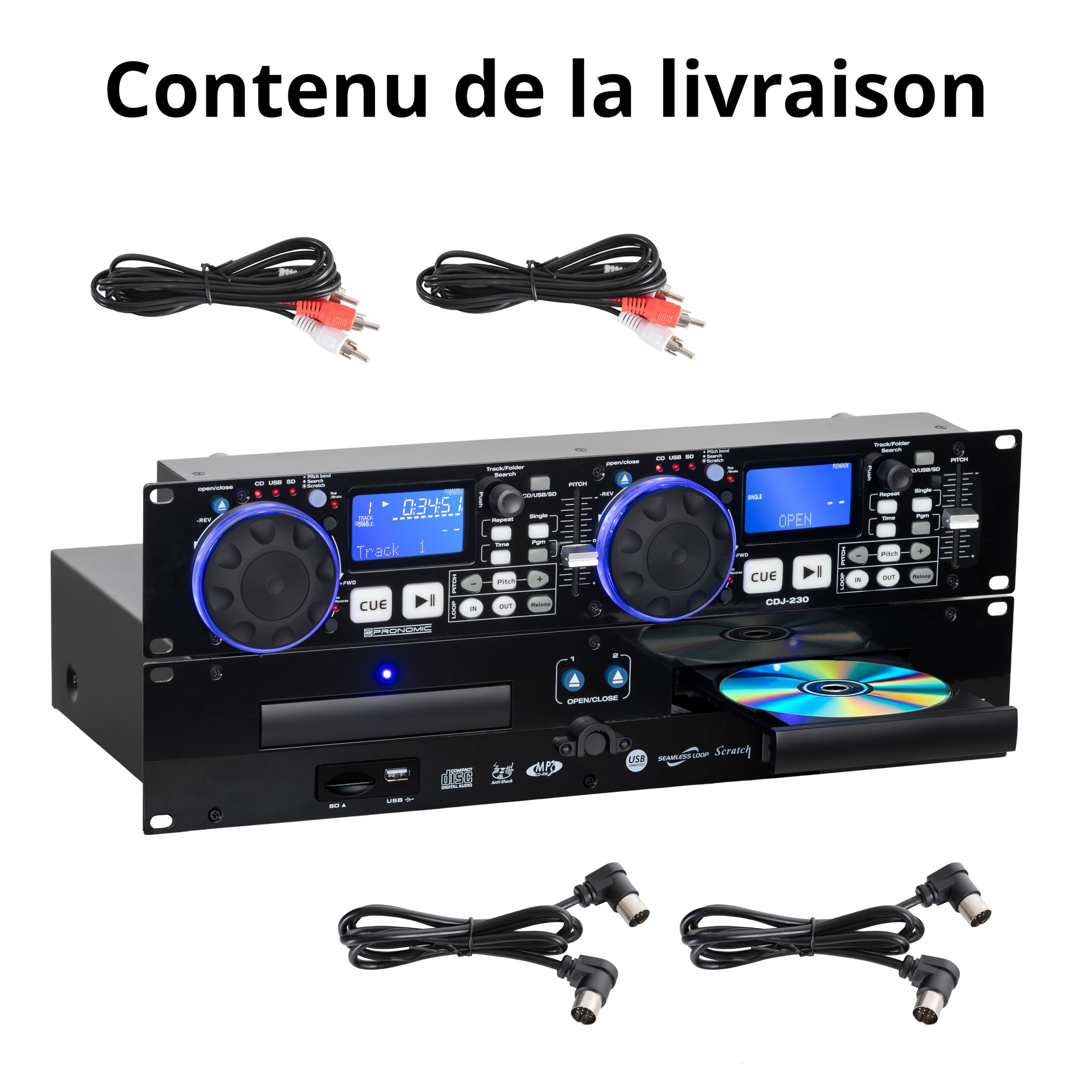 Pronomic CDJ-230 Double Lecteur CD DJ - Lecteur CD MP3 2 canaux avec contrôleur séparé, USB et SD, Pitch Bender, Effets DSP, Seamless Loop, Format Rack 19 Pouces, Noir