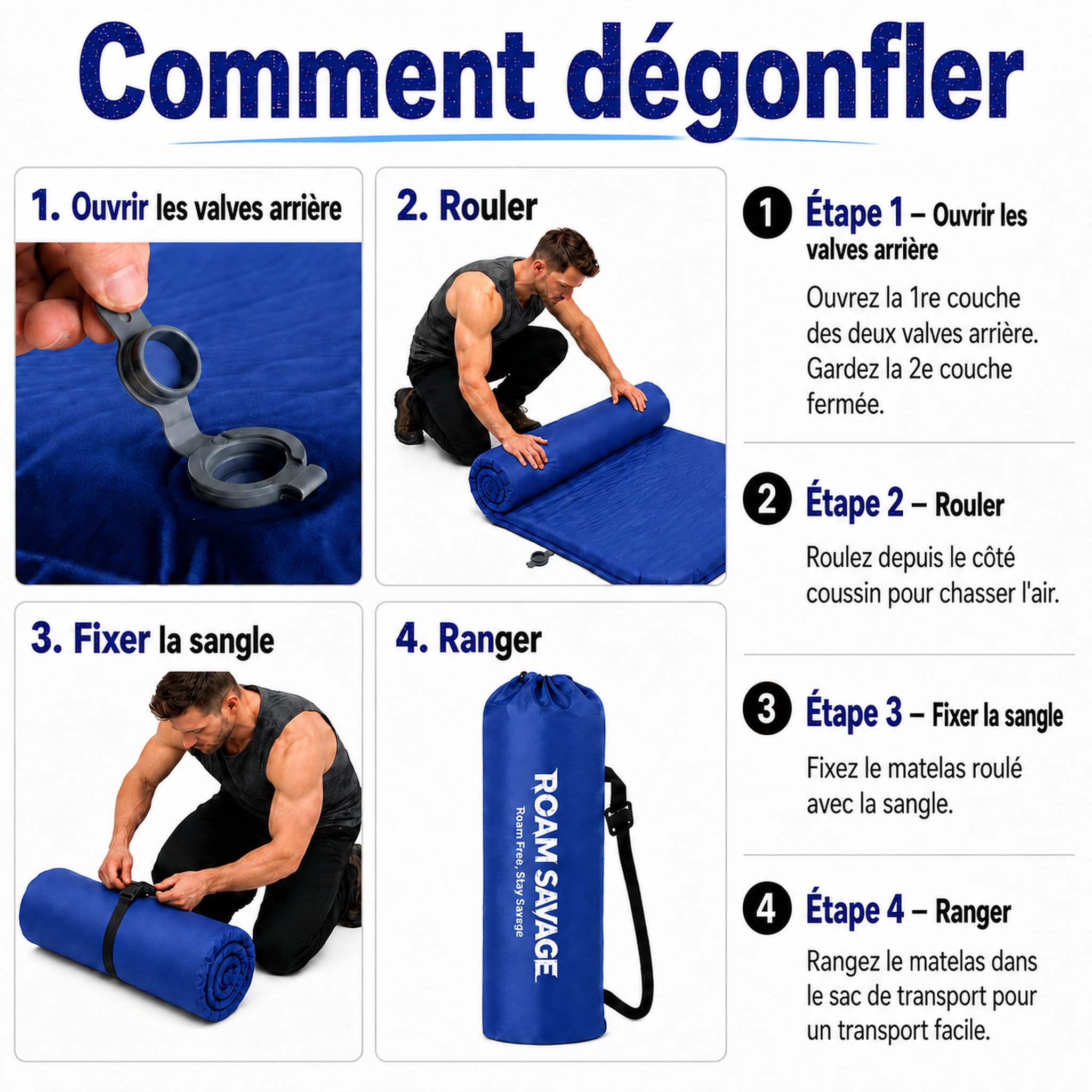 ROAM SAVAGE Tapis de camping autogonflant avec oreiller intégré, léger | R-Value 8.0 Matelas de couchage isolé, usage 4 saisons, pour randonnée, bivouac, terrasse, intérieur, soleil