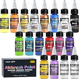 Tinta para aerógrafo - 16 cores com 2 tintas mais finas, prontas para pulverizar, à base de água, para metal, modelos de plástico, tela, madeira - 18 frascos
