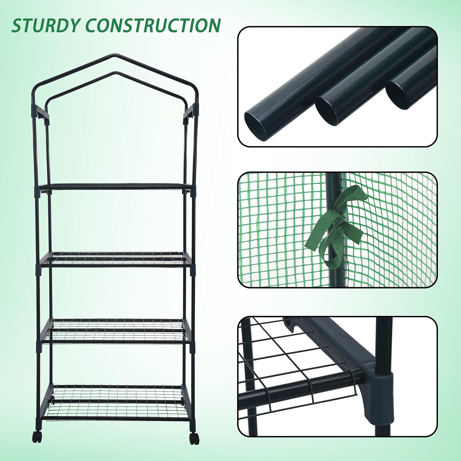 Mini Greenhouse with Casters, 4 Tier Portable Green House Plant Shed Gardening Plant for Outdoor & Indoor with Roll-Up Zipper Door, Green