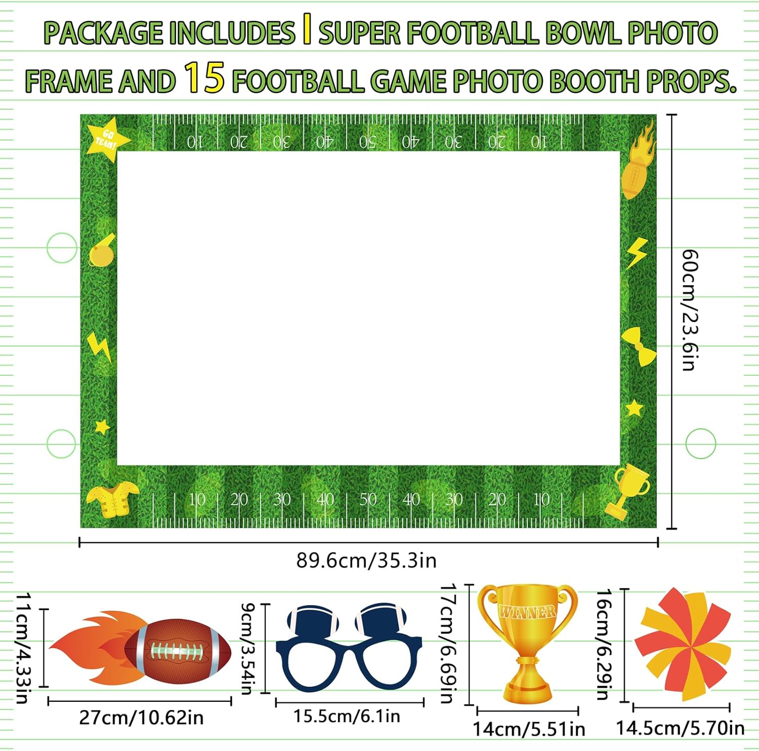 Geefuun 35.3"x 23.6" Super Football Bowl Photo Frame + 15Pcs Photo Booth Props - Football Sports Game Party Decorations (Assembly Needed) - Image 4