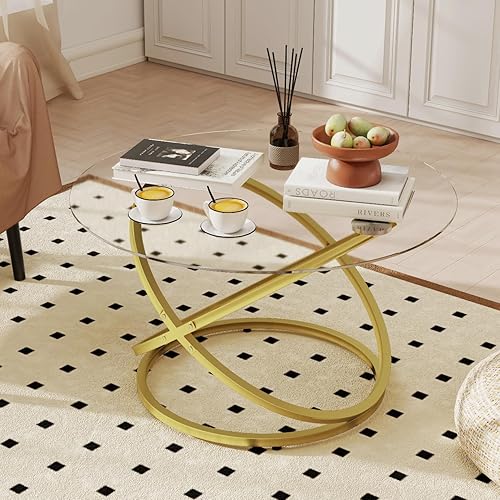 Mesa de centro de cristal, mesa de centro redonda con marco de metal dorado, mesa de centro minimalista grande y moderna para decoración, mesas de