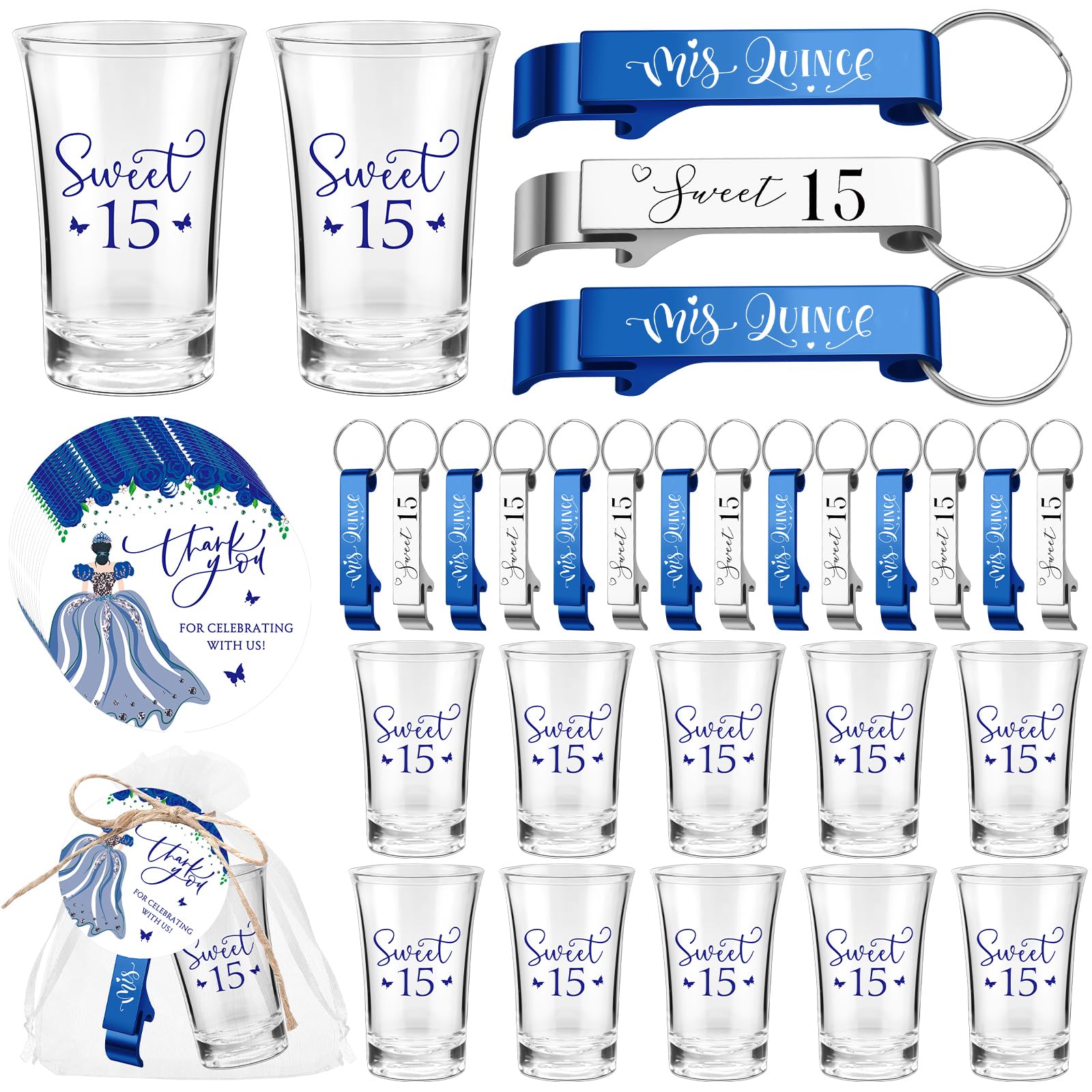 Quinceanera Gastgeschenk-Set – 30-teilig Mit Schnapsgläsern, Schlüsselanhänger, Danksagungskarten & Beuteln