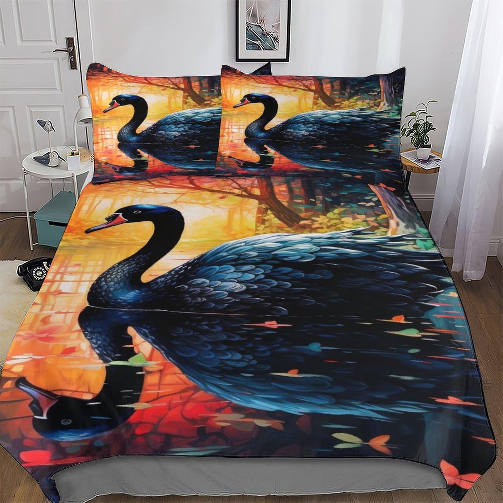 Parure de lit cygne 220x240 cm en microfibre avec 2 taies