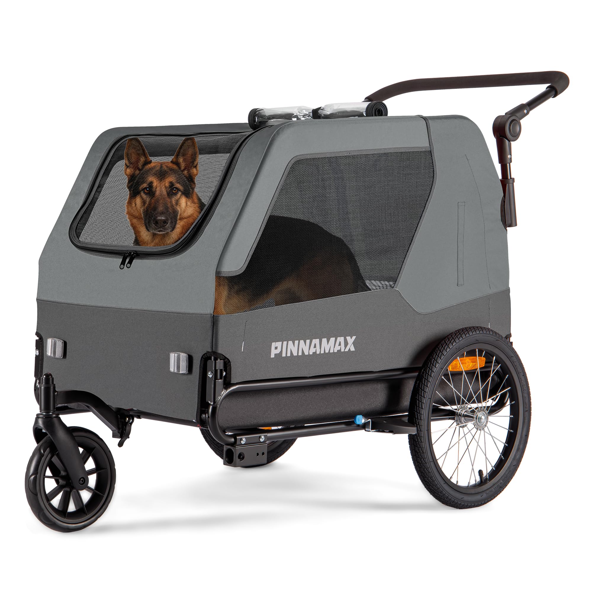 Rimorchio per cani PINNAMAX per biciclette – Passeggino per animali domestici 2 in 1, con una portata massima di 45 kg – Rimorchio per cani con gancio universale (Grau)
