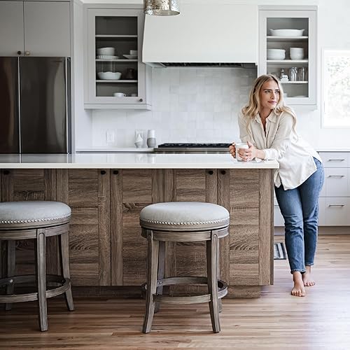 Miniatura 5 de Maven Lane Alexander - Taburete de bar giratorio de 26 pulgadas de alto con acabado de roble recuperado con asiento tapizado de tela gris ceniza