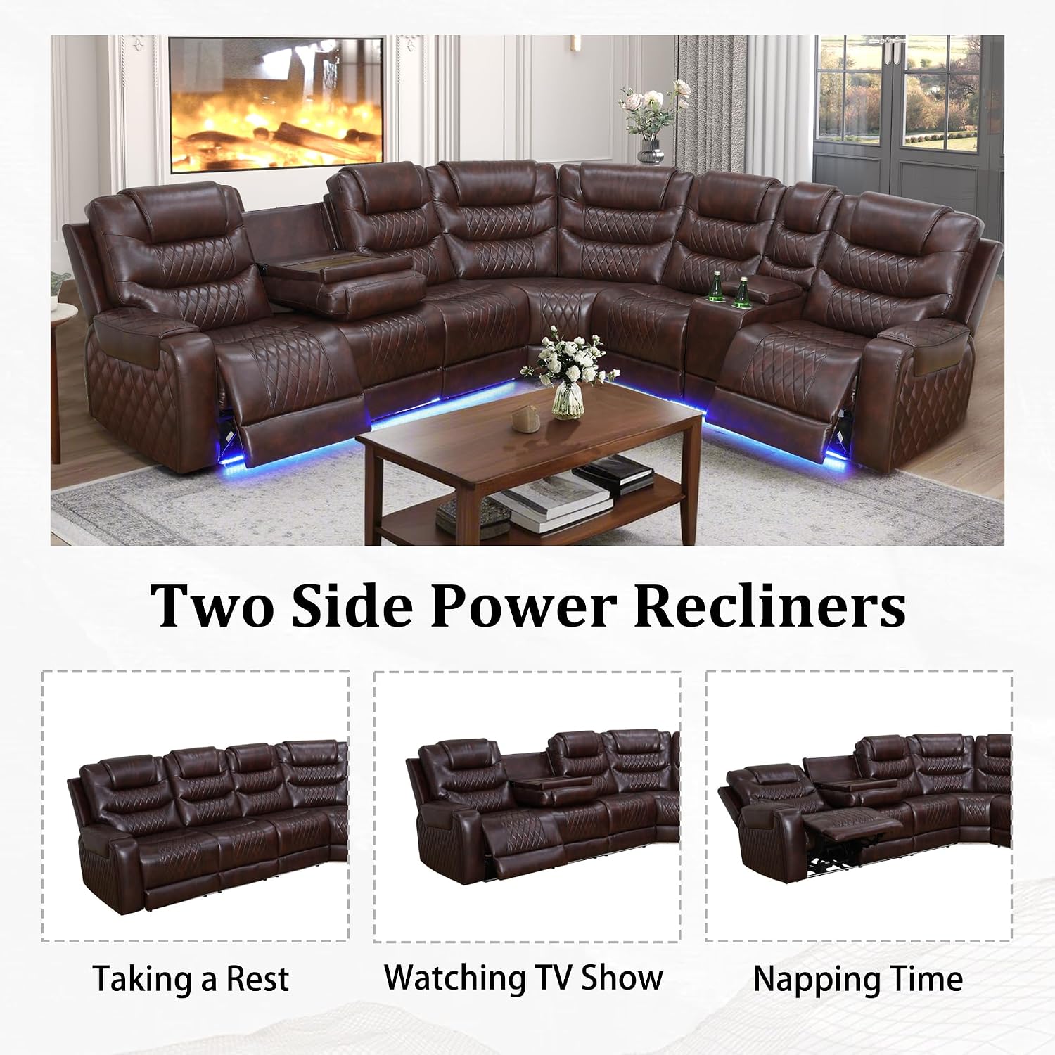 Breathing Leather Recliner Sectional Sofa, Power Reclining Sectional Couch with LED, L Shaped Recliner Couch 6 Seat Sofa for Living Room with USB Port&Cup Holders (Dark Red)