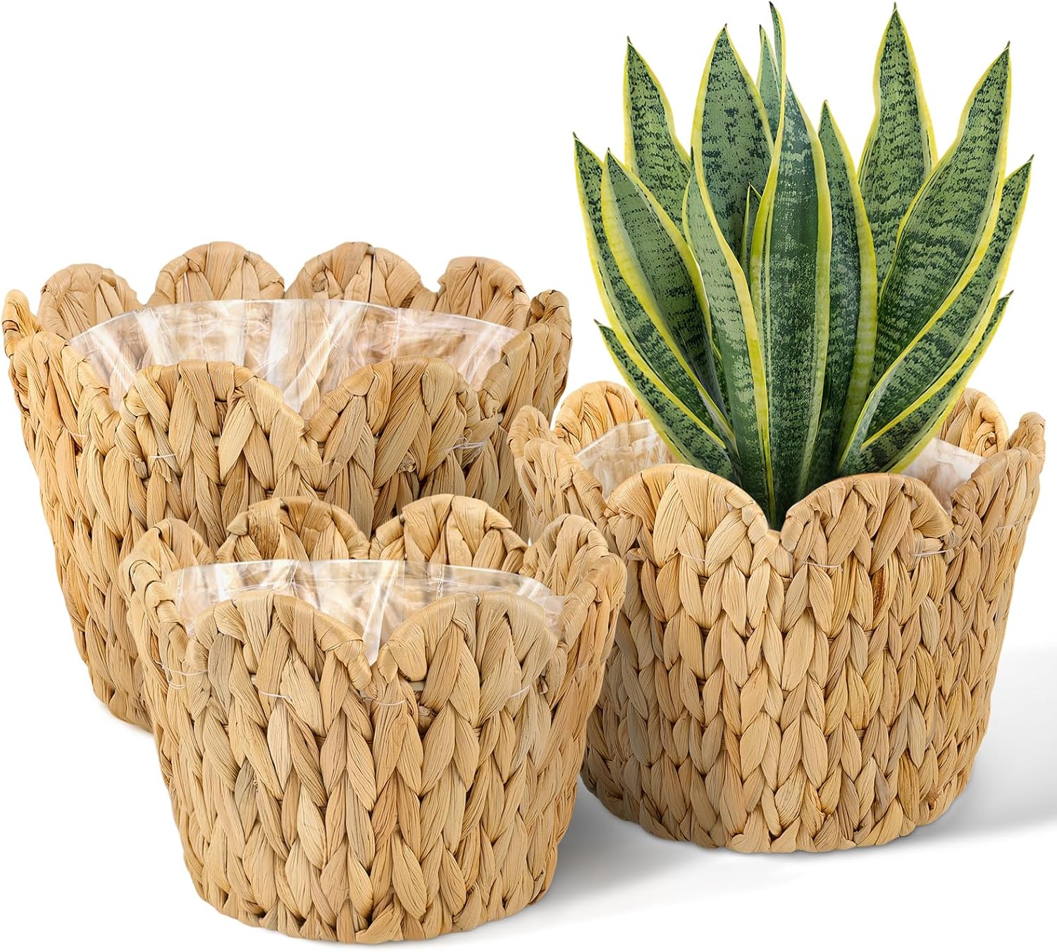 3 Pack Wicker Scalloped Plant Basket, Plant Baskets with Plastic Liner for Indoor, Hand Woven Water Hyacinth Flower Pots Cover Rattan Planter Basket for Home Farmhouse Decor, 10.2"+8.7"+6.7"
