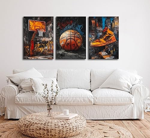 Miniatura 2 de 3 piezas de graffiti lienzo de baloncesto arte de pared para cancha de baloncesto, imágenes de decoración de pared, diseño retro abstracto de