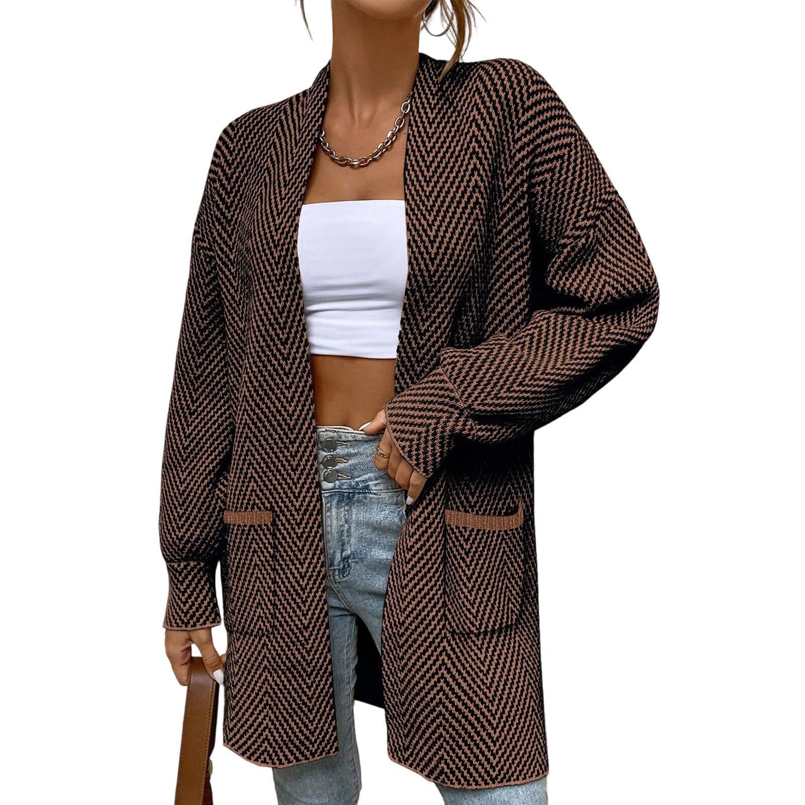 Long Cardigans for Women Open Front Herringbone Knit Cardigan Dressy Casual Oversized Cardigans Comfy Loose Fit Coatigan