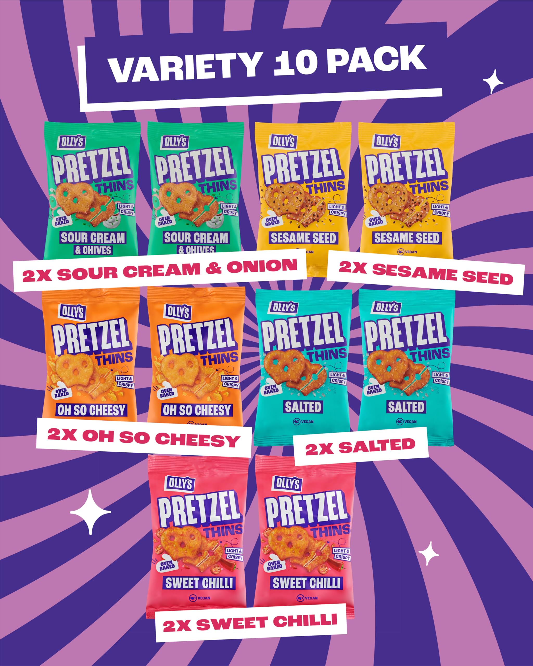 Olly's Pretzel Thins, lot de 10 variétés de 35 g, 2 salés, 2 graines multiples, 2 crèmes sures, 2 piments doux, 2 collations au fromage, faible en calories, faible en gras, source de fibres, sans