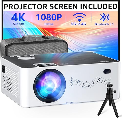 Native - Proyector Bluetooth WiFi 1080P 5G soporte 4K proyector de película para exteriores de 12000 L con pantalla y pantalla máxima de 350
