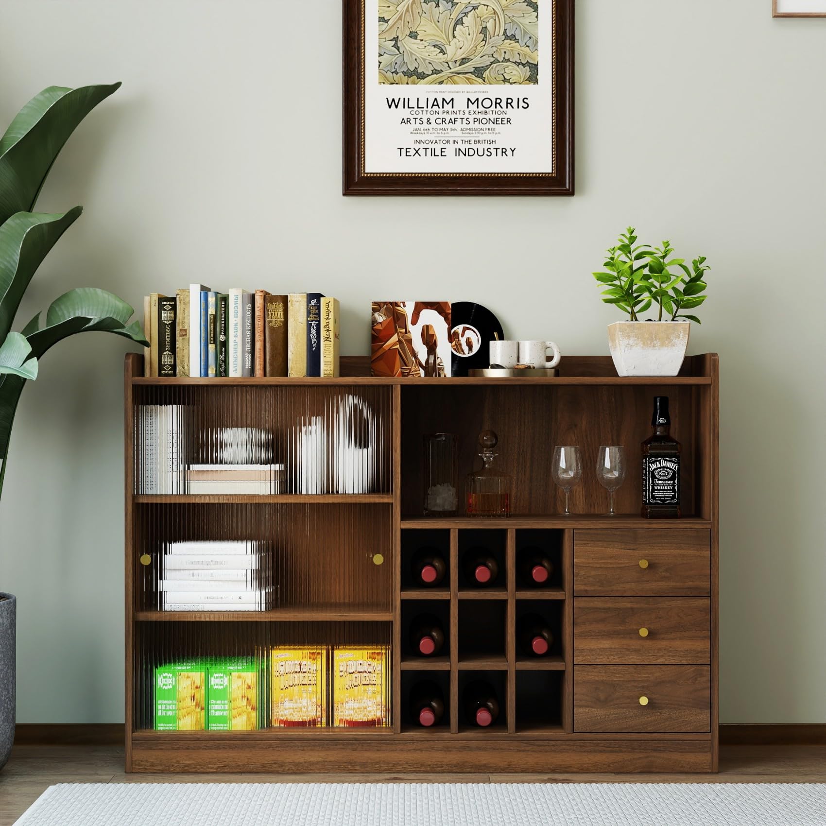 KEIKI Kitchen Sideboard Buffet Storage Cabinet with 2 Glass Sliding Door, Wine Bottles Rack, 3 Drawers, Display Shelves, Wood Coffee Bar Dinning Room Pantry