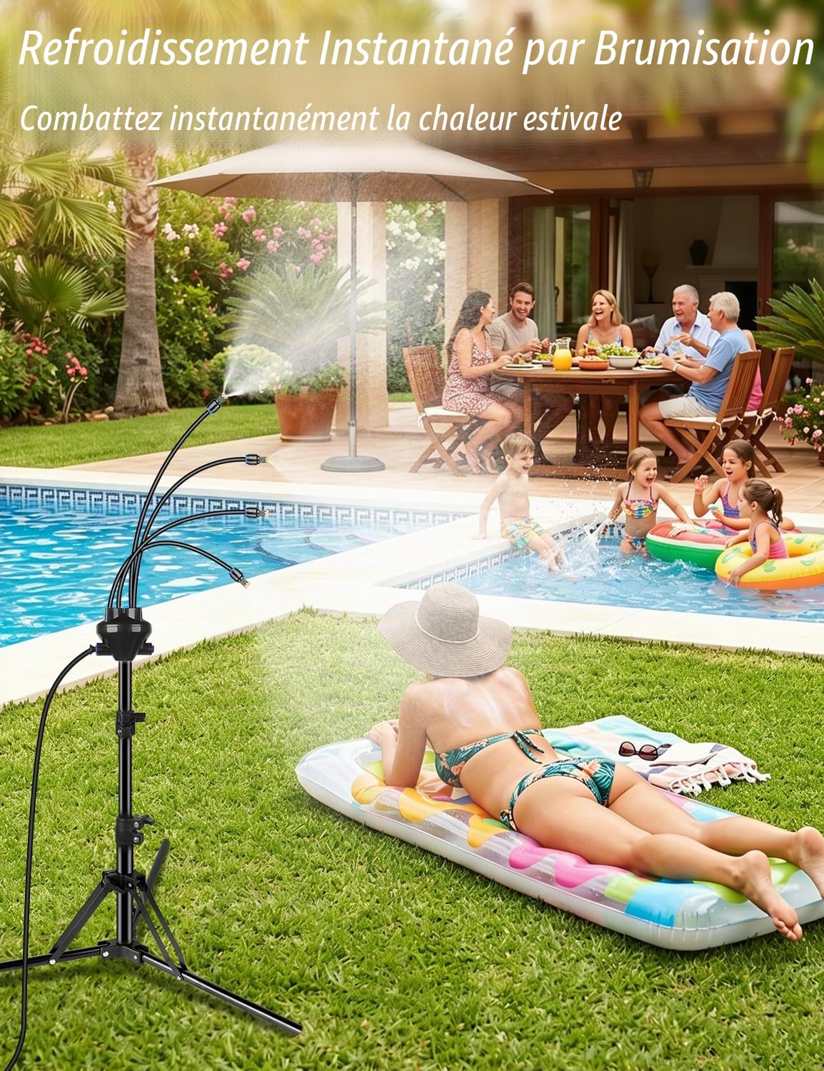 Brumisateurs debout pour terrasse extérieure, système de brumisation à hauteur réglable de 1,6 m pour refroidissement extérieur, brumisateur d'eau portable avec une ligne de brumisation de 8,07