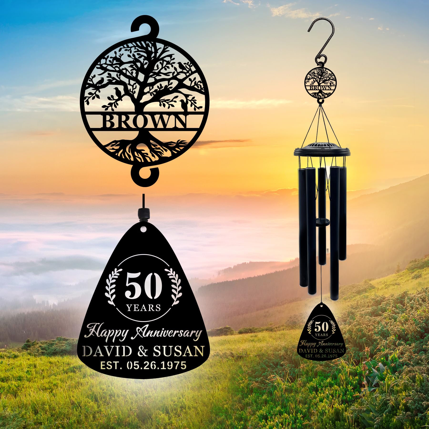 Personalized Anniversary Wind Chime Gift with Laser Cut Metal Signs, 60th/50th/40th/30th/25th/20th/10/5 Anniversary Wedding Gift for Couple, Custom Anniversary Wind Chime Gifts for Him For Her