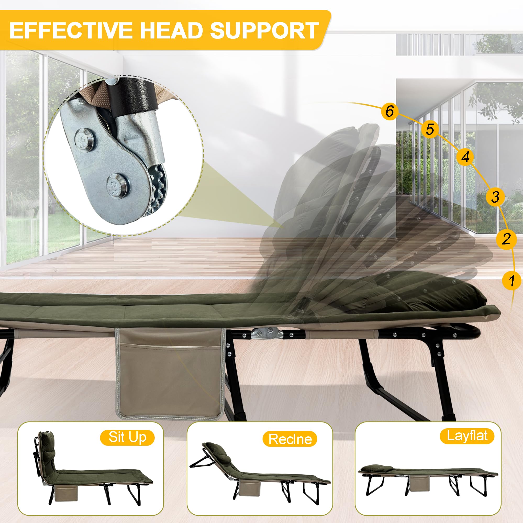 Brandina da Campeggio Lettino Letto Pieghevole Portatile, Schienale regolabile in 6 posizioni con Materasso Lettino Carpfishing 68x190x30 cm, Branda Pieghevole Caricabile 150 kg per Esterno Giardino