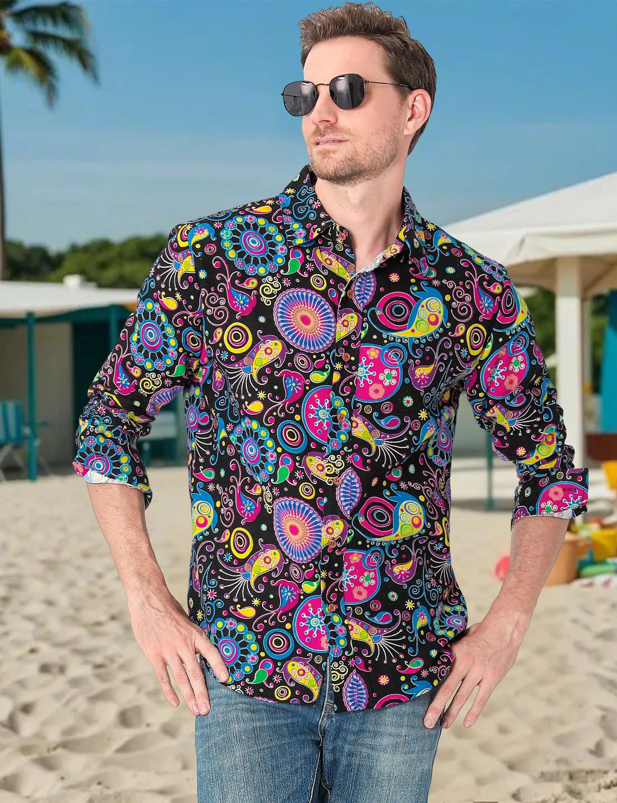 Chemise Hippie années 70 pour Homme Manches Longues Chemises Casual Fleur Moche