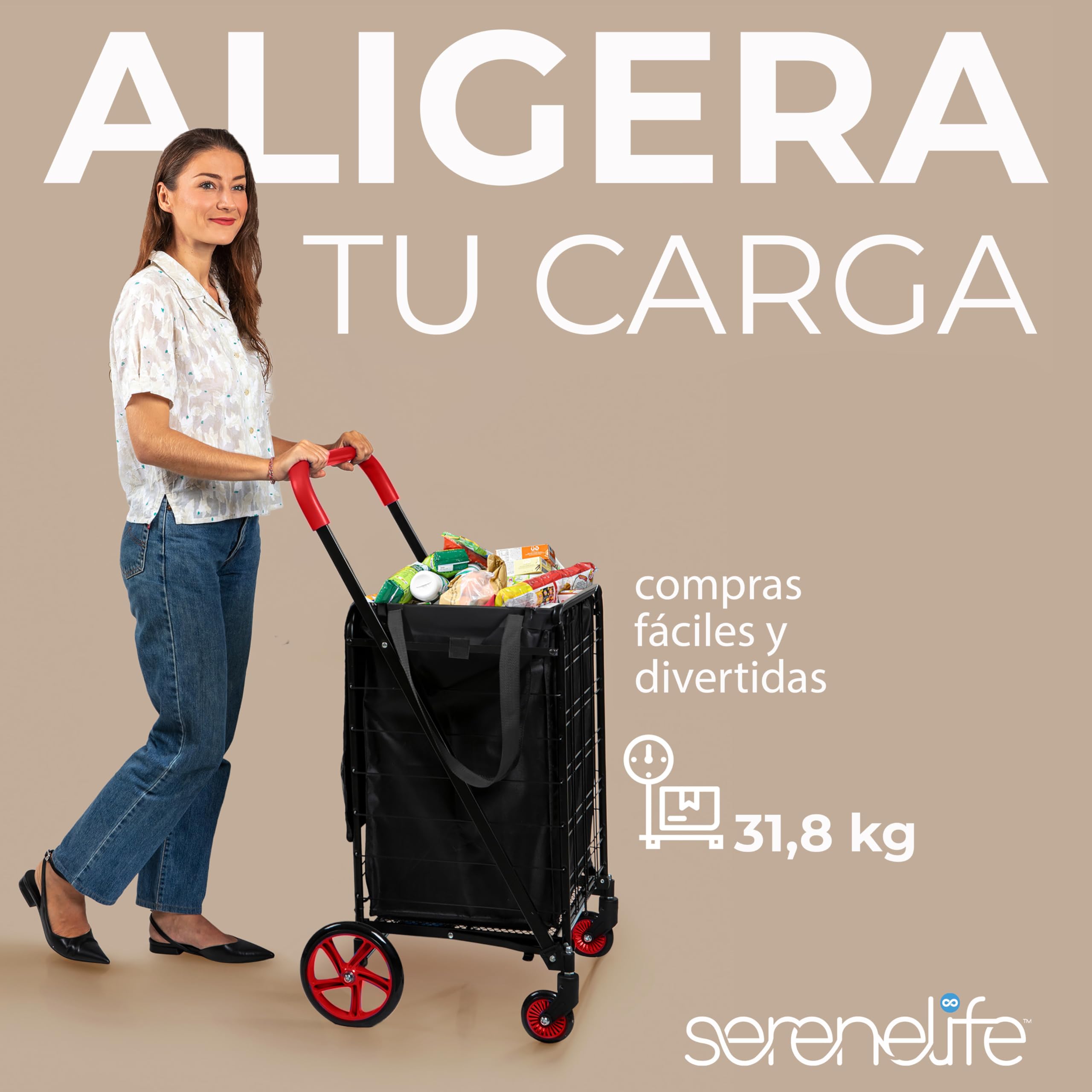 Serenelife Carrito de la Compra, Plegable, Pequeño, Supermercado, con Forro Impermeable, Ruedas giratorias, Soporta hasta 32kgs, Portatil, Ligero