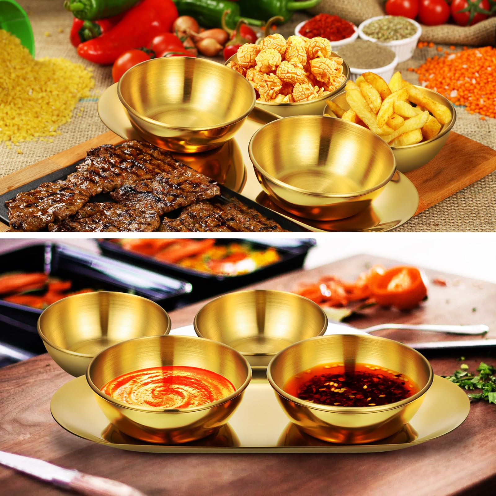 6 Stück Goldene Edelstahl Saucenschälchen und 2 Ovale Serviertabletts für Sushi und Soßengerichte mit Feiner Verarbeitung zum Dekorieren Des Esstisches