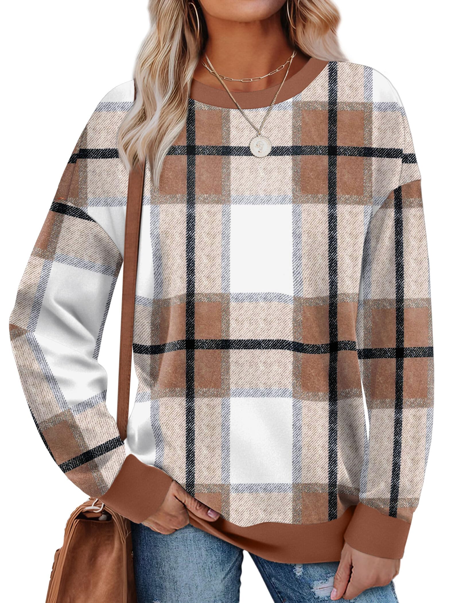Saloogoe Sweatshirts for Women Crewneck Long Sleeve Loose Fit Tops Color Block Ribbed Trim Fashion 2025